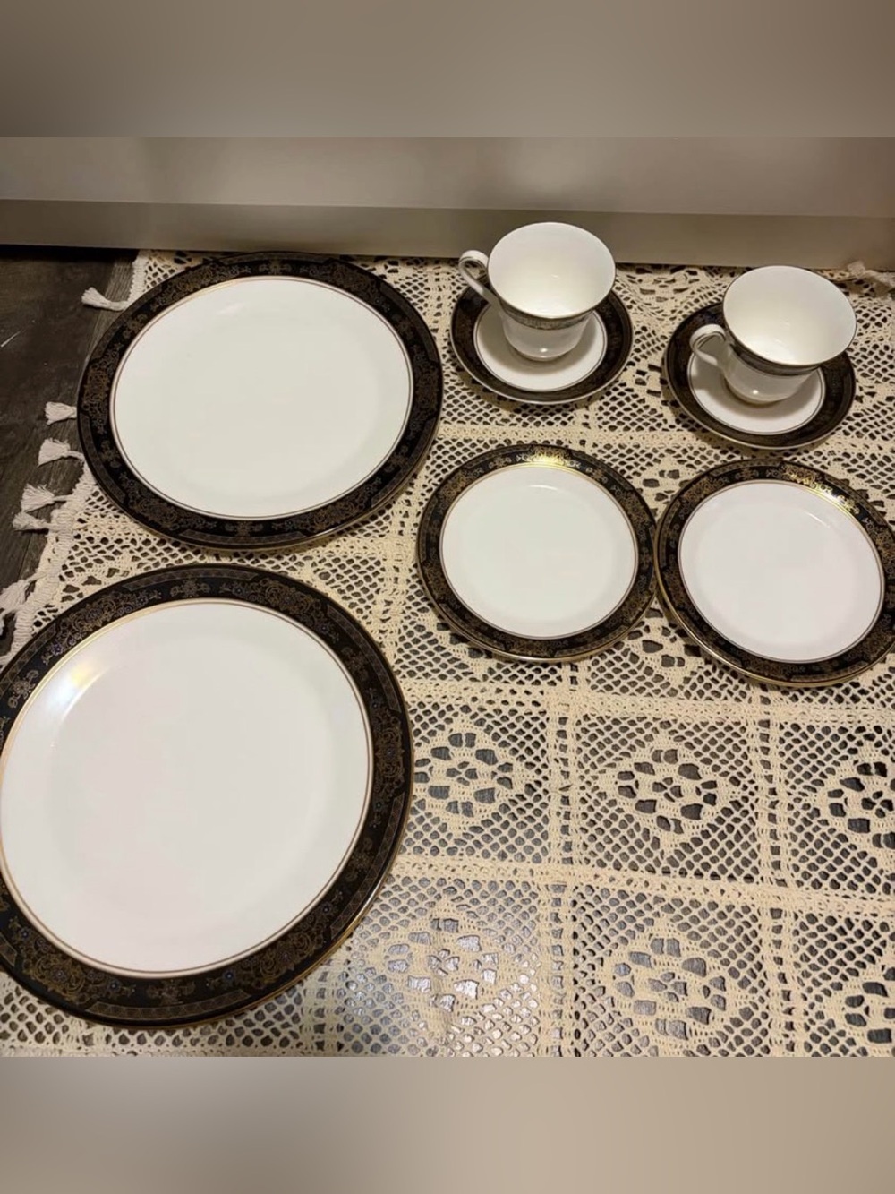 Royal Doulton White Dinnerware Set for 2 Black and Gold Trim